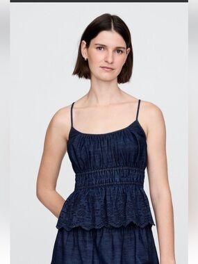 GAP Lightweight Indigo Denim Eyelet Tank Top Small Boho Summer Smocked Dark Blue